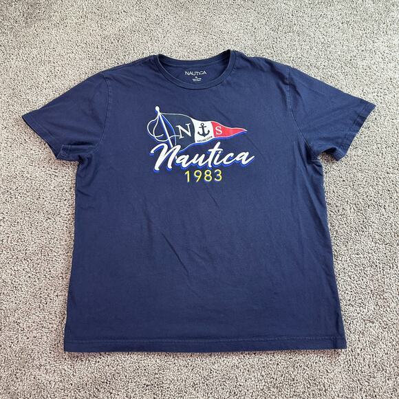 Nautica Shirt Mens Extra Large Blue White Sailing Pennant 1983 Flag Casual - Picture 2 of 8